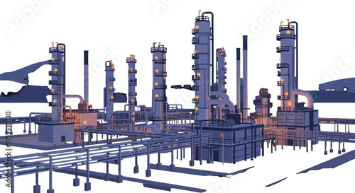 Pixel Art Illustration of Oil and Gas Refinery Industrial Plant with Pipelines and Storage Tanks Against White Background