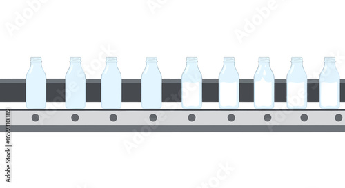 Glass Milk Bottles on Conveyor Belt in Factory Setting with Automated Production Line Against White Background