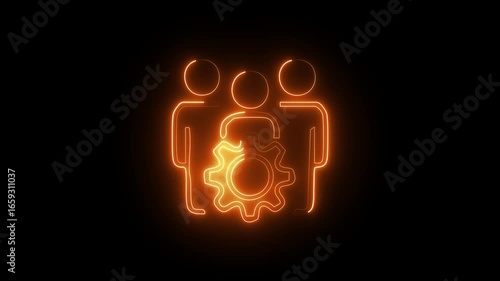 Glowing neon expert team, technical collaboration with strategy and support, innovation for workflow efficiency and system improvement, 4k video on black background.