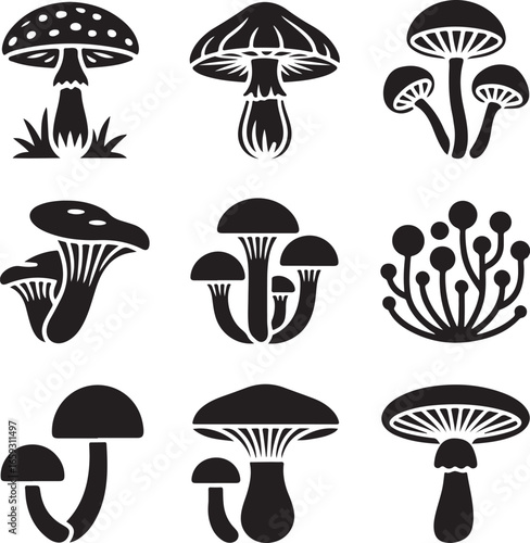 mushroom, collection, fungi, toadstool, forest, nature, mycology, autumn, food, simple, solid, black, icon, set, vector