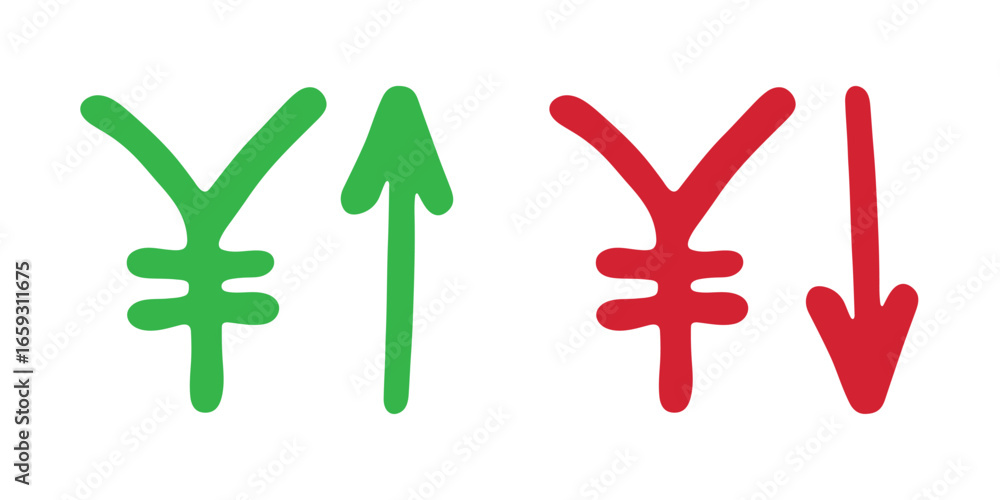 Fototapeta premium Hand drawn yen currency symbol Growth and fall profit with arrow up and down Brush stroke doodle Element for design