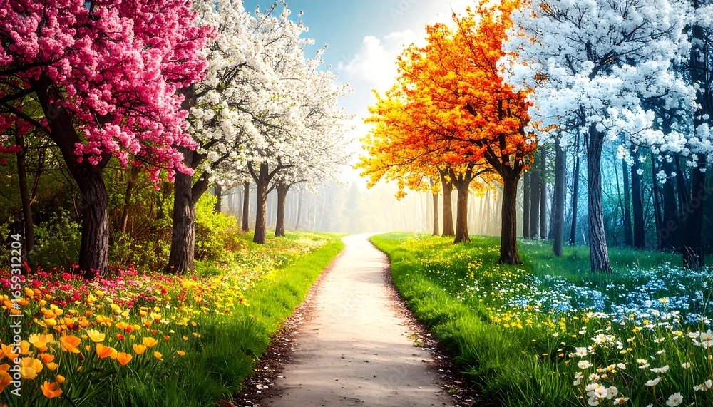 Fototapeta premium Colorful path through a seasonal forest