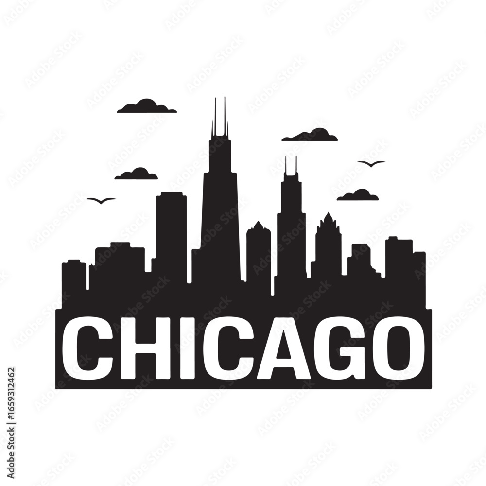 Naklejka premium Chicago Skyline Silhouette | Black Vector City Design on White Background