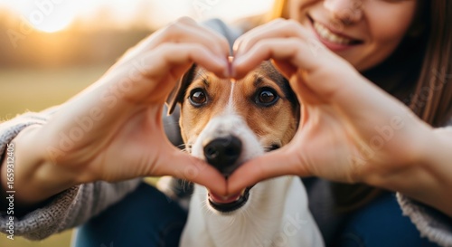 A Jack Russell Terrier dog peeks through a heart shape made by a smiling persons hands
