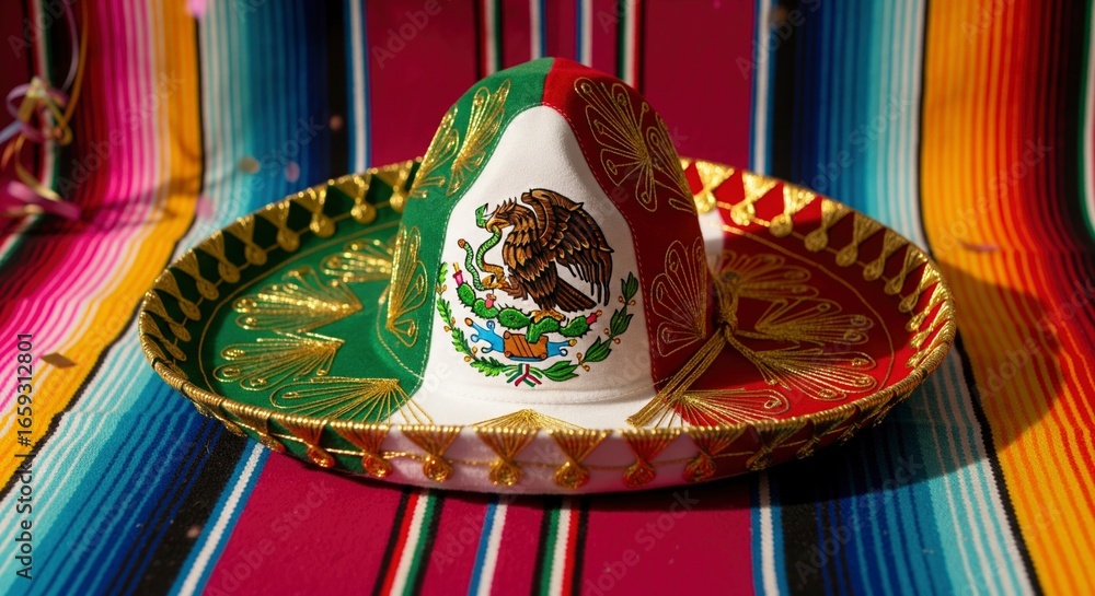 Obraz premium A sombrero painted with the Mexican flag sits atop a brightly colored striped blanket