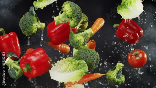 Colorful Fresh Vegetables Flying with Water Splash in Dark Background