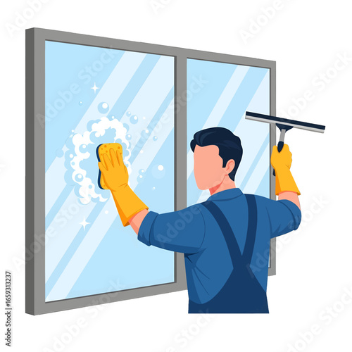 Professional Cleaner Wiping a Transparent Glass Window With Yellow Sponge and Squeegee Wearing Blue Shirt and Yellow Gloves in a House