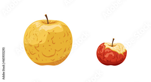 Rotten Red Apple Next to Fresh Yellow Apple in Pixel Art Style on a White Background