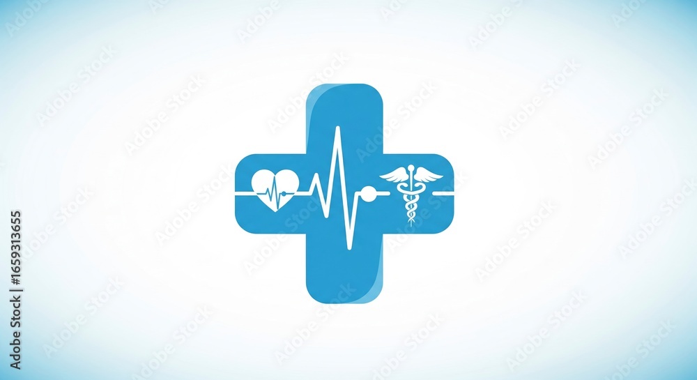 Obraz premium Blue medical cross icon with a heart heartbeat line and caduceus symbol on a gradient white backdrop