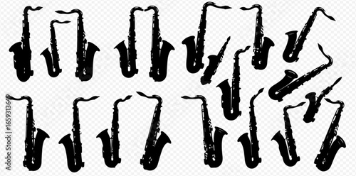 Multiple black saxophone silhouettes in various orientations, featuring a textured, hand-drawn style against a transparent background.