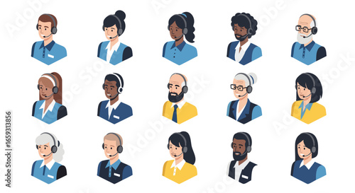 Diverse customer support professionals isometric illustration, Customer Service, Call Center, Technical Support, People, Avatars