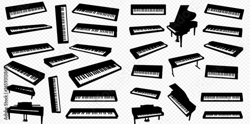 A collection of black silhouettes featuring various pianos and electronic keyboards scattered randomly.