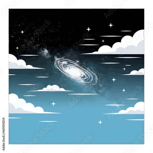 Pixelated Galaxy with Stars and Clouds at Night Sky in Shades of Blue and Black with Milky Way Design