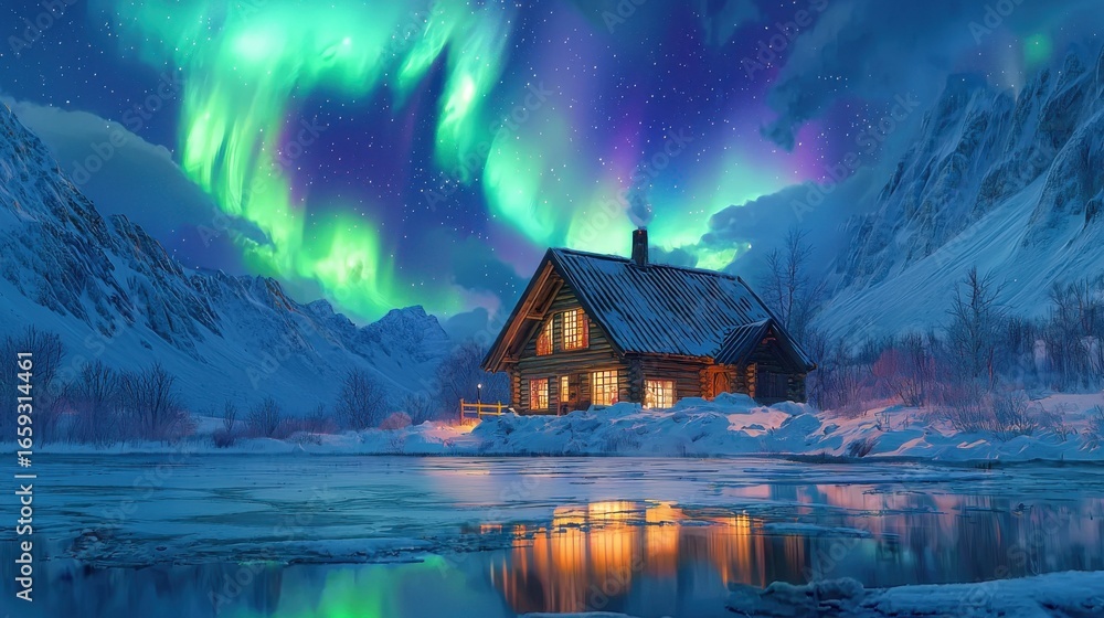 Fototapeta premium Northern Lights over Snowy Cabin at Night