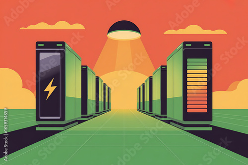 This modern flat design artwork depicts scalable energy storage units under sunset sky with UFO like object emitting light, symbolizing renewable energy and futuristic technology