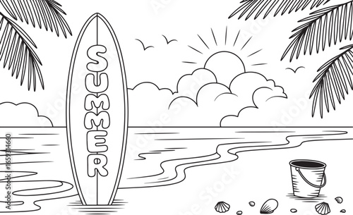 Summer Beach Surfboard Illustration with Seashells and Bucket – Black and White Line Art, surfboard