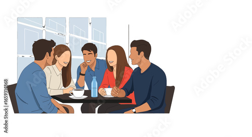 Group of Young Adults Enjoying Conversation around Table Inside Warm Atmosphere with Red and Blue Colors