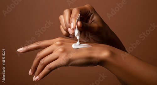 Darkskinned hands apply lotion from a tube against a brown background