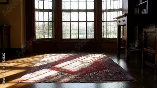 Sunlight Streaming Through Windows onto a Persian Rug in an Elegant Room