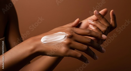 Darkskinned hands with cream One hand has white cream on its back the other is outstretched