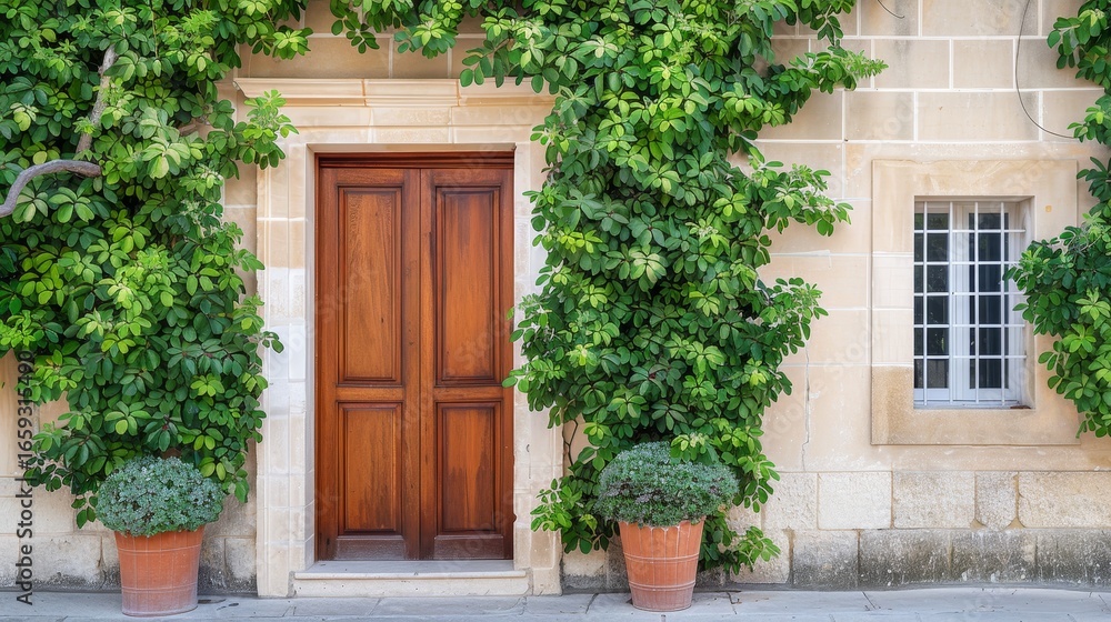 Stunning mansion entrance featuring arched doorway and lush hedges bathed in afternoon light Stunning mansion entrance featuring arched doorway and lush hedges bathed in afternoon light