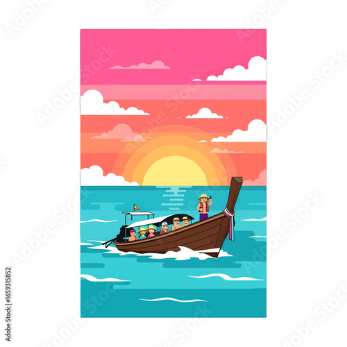 Pixel Art of a Traditional Boat Sailing on Turquoise Water at Sunset with a Pink Sky a Vacation Landscape