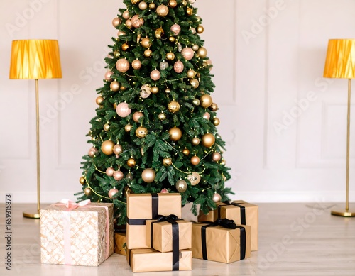 Christmas tree with gifts in a bright room