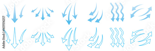 Vector arrows set showing curves and motion.  air flow arrows showing wind circulation and ventilation. Collection of vector arrows with curved, wavy, and dynamic designs representing flow, rotation. 