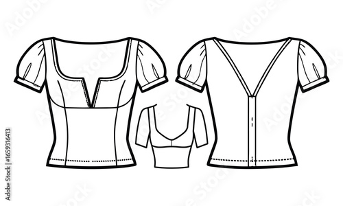 Vector crop top fashion CAD, woman square neck short sleeve t shirt technical drawing, slim fit with opened back crop blouse template, sketch, flat. Jersey fabric top with front, back view, white