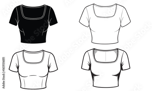 Vector crop top fashion CAD, woman square neck short sleeve t shirt technical drawing, slim fit with opened back crop blouse template, sketch, flat. Jersey fabric top with front, back view, white