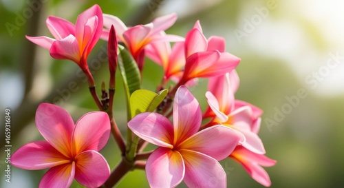 Pink and yellow frangipani flowers in bloom with leaves and branches visible against a blurred natural background