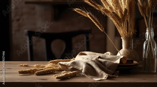 Premium high-resolution pastoral view of beige wheat against a muted autumn backdrop, featuring delicate cereal grain heads illuminated by soft sunlight to invoke calm, earthy, andthe house of the sea