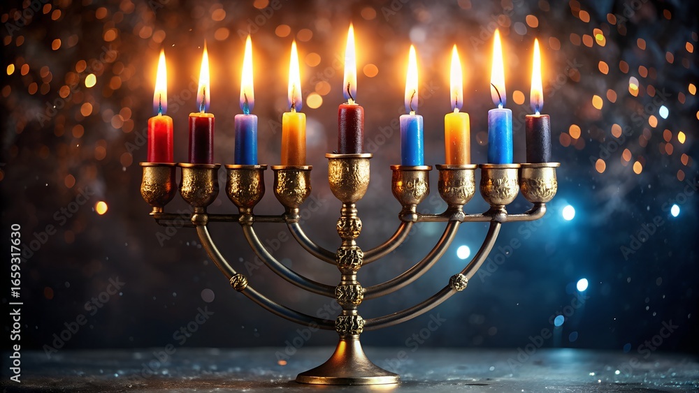 Fototapeta premium Traditional Brass Menorah with Colorful Candles Lit for Hanukkah
