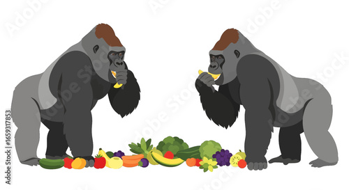 Two Pixel Art Gorillas Enjoying a Variety of Fruits and Vegetables on a White Background in a Simple Design