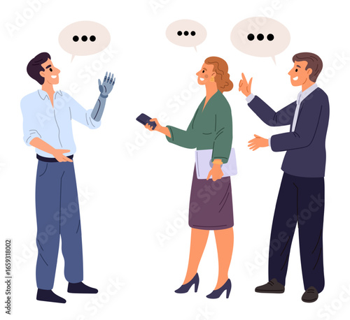 Male office worker with prosthetic arm communicates with colleagues. People with disabilities work. Tolerance and inclusion in business. Employee with limb prosthesis. Vector concept