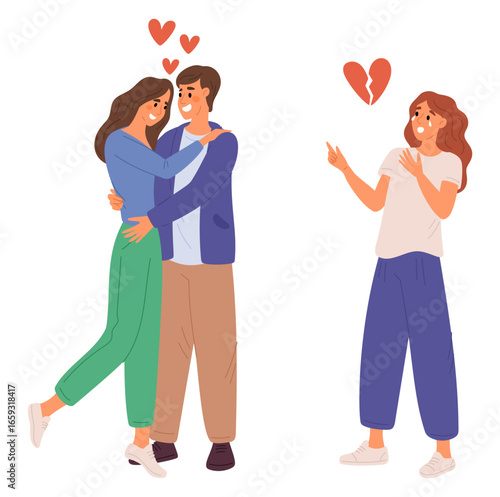 Girl shocked by cheating man she loves. Boyfriend embraces another woman. Lover betrayal. Wife and husband infidelity. Romantic relationship adultery. Jealous girlfriend. Vector concept