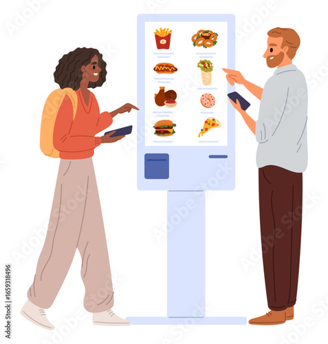 Girl and man near self service terminal ordering fast food from cafe or catering. Electronic machine interactive display. Couple buy burger and pay for meal with phone. Vector concept
