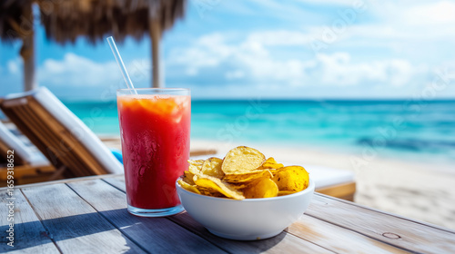 Close-up of a refreshing cold fruit juice with a straw, beside a cup of crispy potato chips, blurred seaside background with beach chairs, bright and relaxing summer vibe