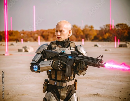 Futuristic armored soldier standing on battlefield with neon sky.