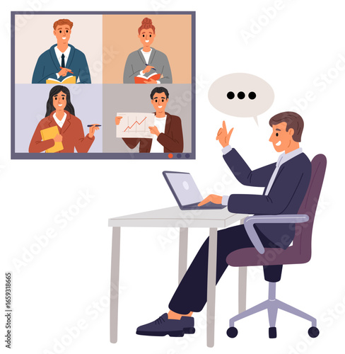 Businessman participates in video conference with his business partners online. Internet group communication. Remote office meeting. Web discussion. Network connection. Vector concept