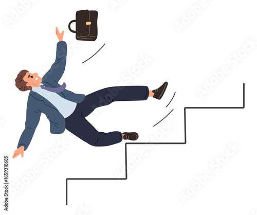 Businessman falls down career ladder. Economy crisis. Fired man mistake. Business failure. Bankruptcy and employment fail. Employee tripped on stairs. Crash from obstacle. Vector concept