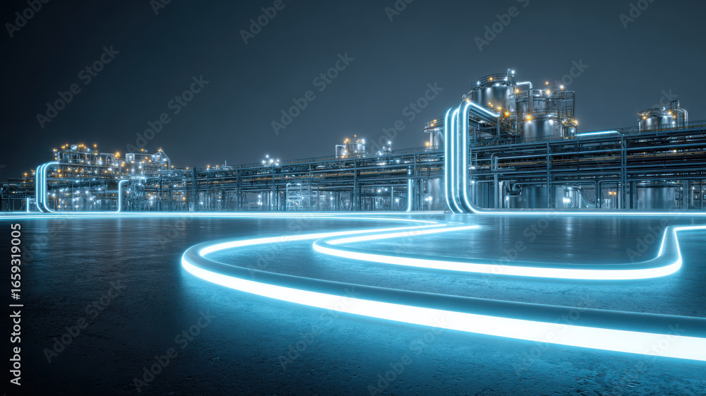 Obraz premium Energy-efficient manufacturing plant with glowing pipeline network