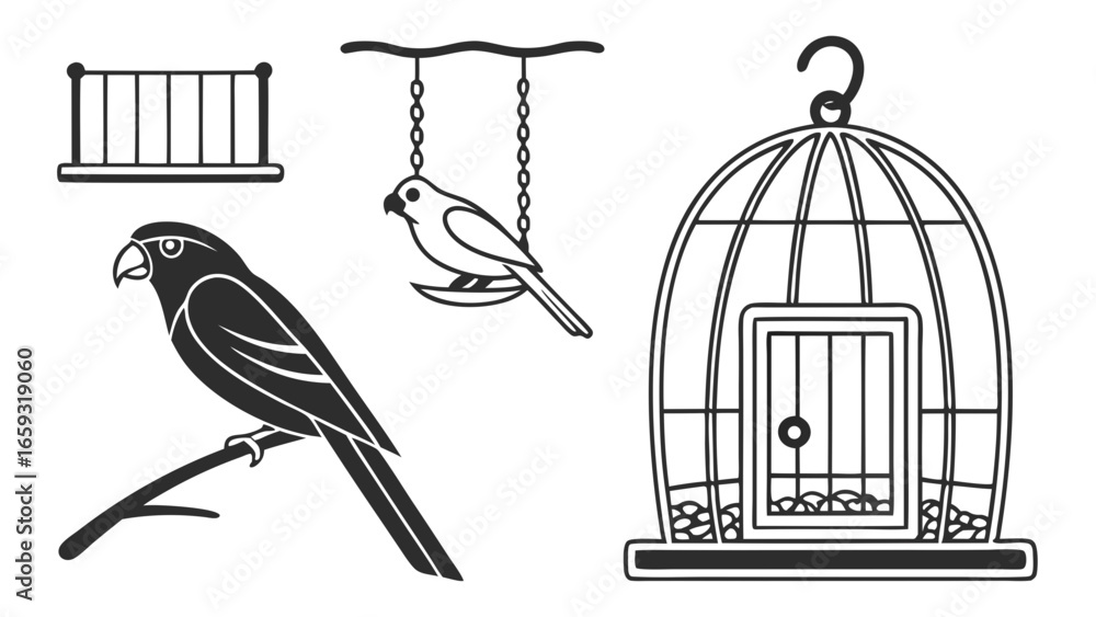 Naklejka premium Bird Cage and Birds Vector Icons Set - Parrots, Songbirds, Aviary, Pet Birds, Tree Branch Birds, Wildlife Silhouettes, Nature Decorative Birdcage Illustrations for Design.