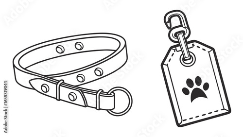 Minimalist line art of a pet collar with tag featuring a paw print, symbolizing pet care, safety, and identification for dogs and cats in simple black and white design.