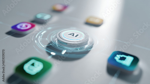 Floating AI assistant icon surrounded by holographic icons