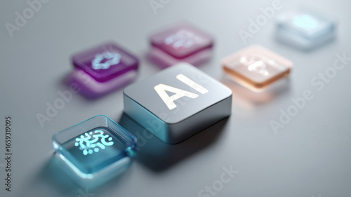 Floating AI assistant icon surrounded by holographic icons, focused lighting, white background