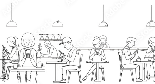 Stylized Line Drawing of Restaurant Interior with People Sitting at Tables Under Hanging Lamps and Counter in Background