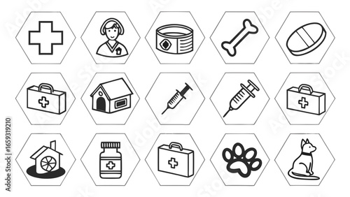 Veterinary Icons Set – Pet Medicine, Syringe, First Aid Kit, Cat, Dog, Paw Print, Pet Food, Bone, Vet Clinic, Animal Health, Medical Cross, Pet Care Symbols