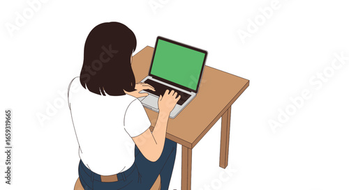 Rear View Of Brunette Woman Typing on Laptop at Wooden Table with Green Screen in White Background