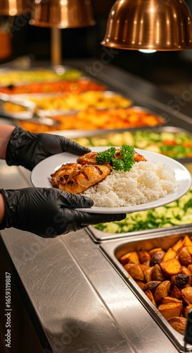buffet style food, Canteen worker plates food at buffet. Variety of dishes potatoes, couscous, meat. Service line, food preparation. Restaurant setting, catering service. Lunch dinner time. Person in 